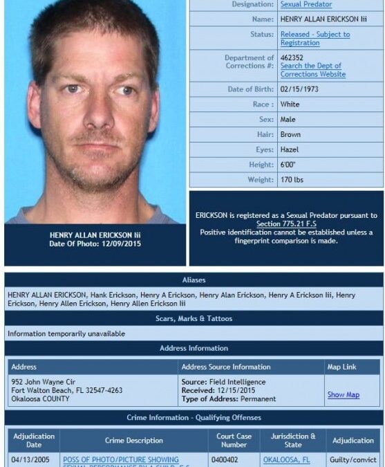 Sexual Predator Change of Address Notification – Henry A. Erickson