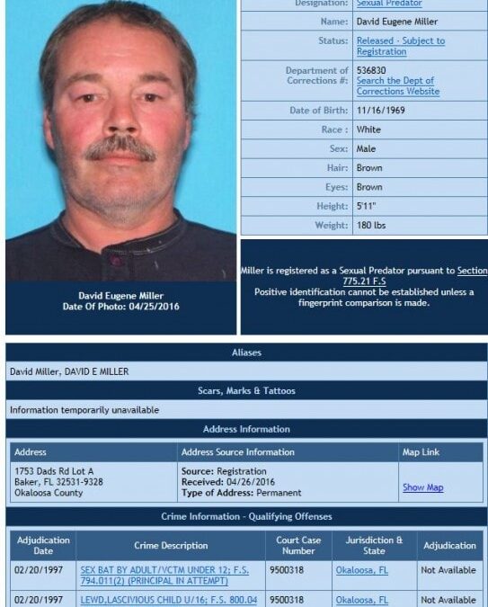Sexual Predator Change of Address Notification – David Eugene Miller